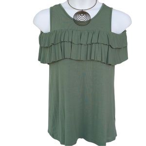 Oddi Sage Green Cold Shoulder Ruffled Soft Knit Top Large
